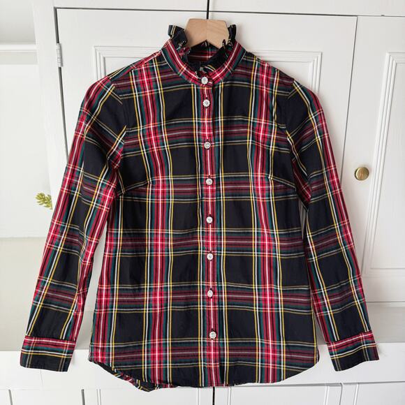 J. Crew Black Tartan Plaid Ruffle Neck Jewel Button Front Blouse Size XXS - Picture 2 of 5